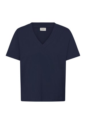 T-shirt blu navy a maniche corte con scollo a V, orlo dritto e piccola etichetta bianca del marchio all'interno del colletto.