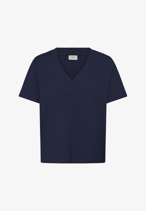 T-shirt blu navy a maniche corte con scollo a V, orlo dritto e piccola etichetta bianca del marchio all'interno del colletto.