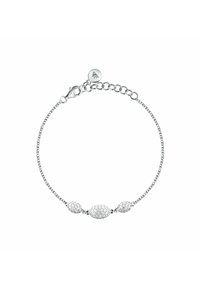 Bracciale in argento con tre gruppi ovali di cristalli trasparenti, dotato di chiusura a moschettone e catena regolabile per una vestibilità ottimale.