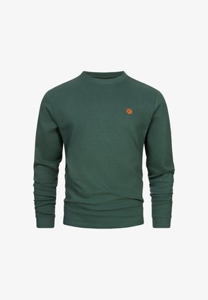 Felpa verde a coste con maniche lunghe, scollo rotondo e piccolo logo in pelle sul petto. Texture morbida, design casual.