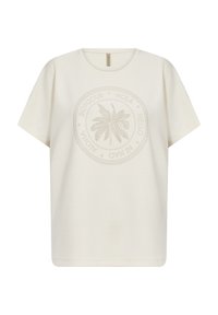 Light beige T-shirt made of soft cotton. Features a circular palm tree graphic with "Aloha," "Bonjour," "Hola," and "Hello" in multiple languages.