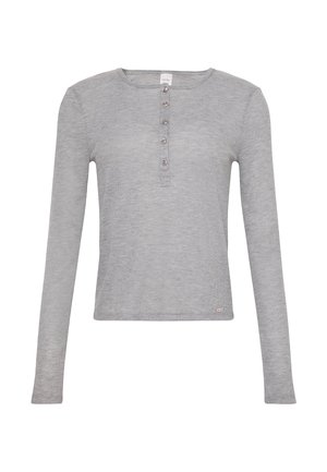Szara bluzka z długim rękawem wykonana z prążkowanej tkaniny, z okrągłym dekoltem i czterema guzikami z przodu. Miękka w dotyku i dopasowany fason.