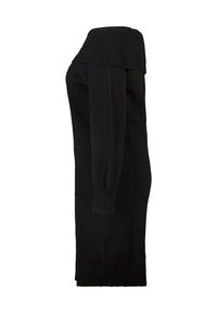 Zwarte gebreide jurk met een ribbelige off-the-shoulder halslijn, lange mouwen en een rechte snit. Soepele textuur, tot halverwege de dij.