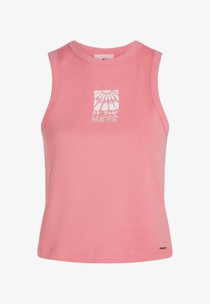 Top in cotone rosa con scollo rotondo, caratterizzato da una stampa grafica bianca al centro con la scritta "momento dell'onda".