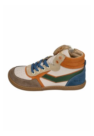 High-top sneaker with blue laces, white leather base, orange, beige, green, and blue suede accents, and a brown rubber sole.