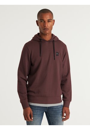 Maroon hoodie with a front pocket, adjustable drawstring, and a small black logo on the chest. Soft material, ribbed cuffs, and hem.
