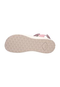 Sandalia rosa con suela texturizada, que presenta un borde acolchado y un patrón de diamantes para mayor tracción y comodidad.