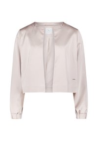 Kurz geschnittene Satinjacke in Hellrosa, mit einem cropped Design, langen Ärmeln mit elastischen Bündchen und einem minimalistischen offenen Vorderteil.