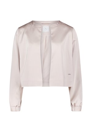 Kort satinjakke i lyserød med cropped design, lange ærmer med elastiske manchetter og en minimalistisk åben front.