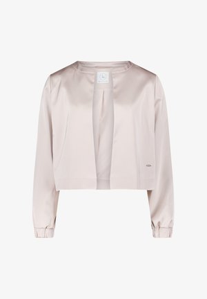 Kurz geschnittene Satinjacke in Hellrosa, mit einem cropped Design, langen Ärmeln mit elastischen Bündchen und einem minimalistischen offenen Vorderteil.