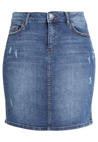 Jupe en denim à délavage bleu moyen, design ajusté avec une fermeture à boutons, poches avant et légères détails usés sur le tissu.