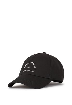 Casquette en coton noir avec une visière courbée et un texte brodé blanc : "KARL LAGERFELD PARIS 21 RUE ST-GUILLAUME."