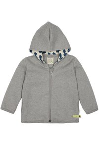 Grauer Zip-Hoodie aus strukturiertem Material, mit Kapuze und blauem, mit Blättern gemustertem Futter. Enthält ein umweltfreundliches Etikett.
