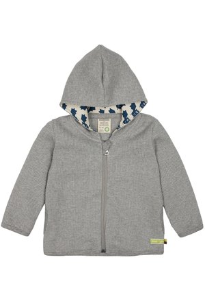 Grauer Zip-Hoodie aus strukturiertem Material, mit Kapuze und blauem, mit Blättern gemustertem Futter. Enthält ein umweltfreundliches Etikett.
