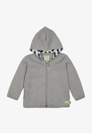 Grauer Zip-Hoodie aus strukturiertem Material, mit Kapuze und blauem, mit Blättern gemustertem Futter. Enthält ein umweltfreundliches Etikett.