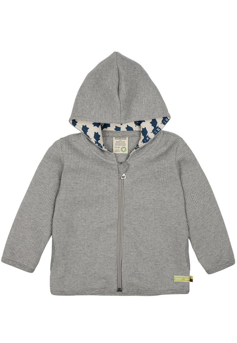 Grauer Zip-Hoodie aus strukturiertem Material, mit Kapuze und blauem, mit Blättern gemustertem Futter. Enthält ein umweltfreundliches Etikett.