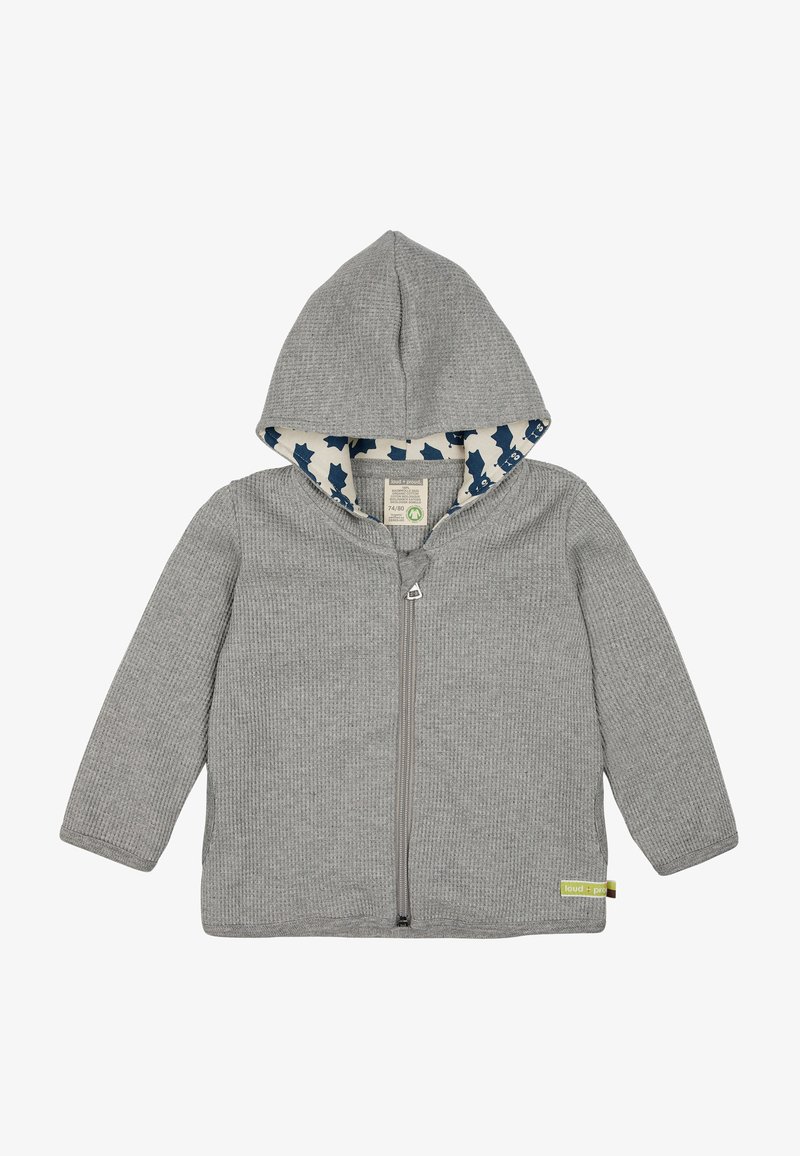 Grauer Zip-Hoodie aus strukturiertem Material, mit Kapuze und blauem, mit Blättern gemustertem Futter. Enthält ein umweltfreundliches Etikett.
