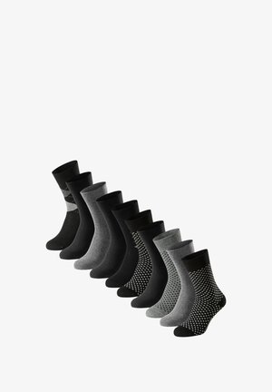 Ti par ankelsokker i nuancer af sort og grå. Funktioner inkluderer ensfarvede, argyle mønstre og prikkede designs. Blød stofstruktur.