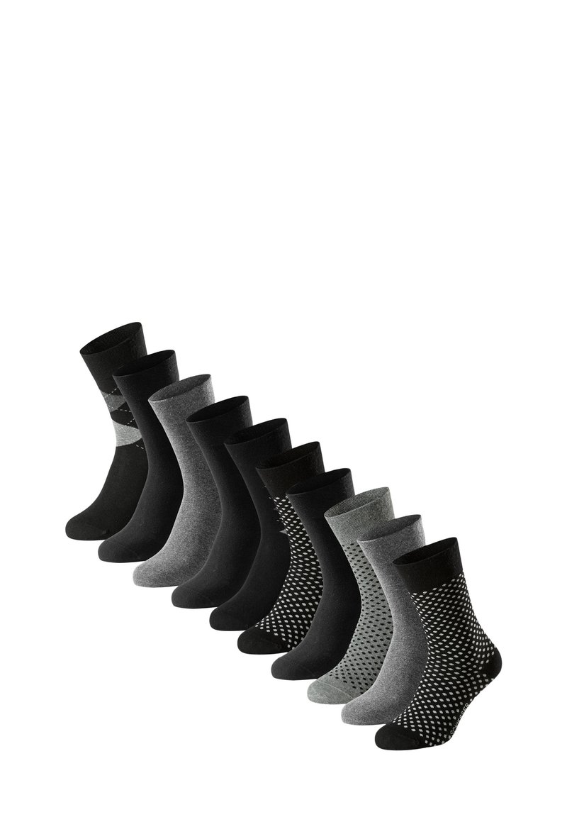 Tien par enkelsokken in tinten van zwart en grijs. Kenmerken zijn onder andere effen kleuren, argylepatronen en gestipte ontwerpen. Zachte stoftextuur.