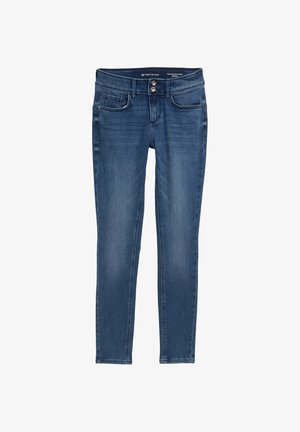 Jeans en denim slim fit dans un délavage bleu moyen, avec une poche avant, des poches arrière, une fermeture à bouton et à zip, avec un léger effet délavé.