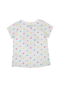 T-shirt blanc à manches courtes avec des pois multicolores en rose, jaune et violet. Texture lisse, encolure ronde et ourlet légèrement arrondi.