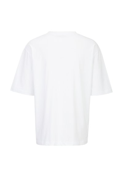 White crew-neck t-shirt with short sleeves, featuring a relaxed fit and smooth texture. The back view shows no graphics or accents.