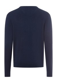 Marineblauer Pullover, runder Halsausschnitt, lange Ärmel, Stricktextur, einfarbig, ohne Muster oder Akzente, Rückansicht.