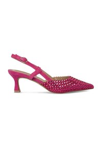Pink suede slingback shoe with pointy toe, embellished with round rhinestones, and a narrow heel. Features an adjustable ankle strap.