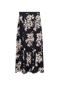 Schwarzer Maxirock mit weißem Blumenmuster, hoher Taille und fließendem, plissiertem Design.