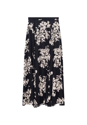 Gonna maxi nera con stampa floreale bianca, vita alta e design fluttuante con pieghe.