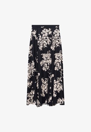 Falda maxi negra con estampado floral blanco, de cintura alta y diseño plisado fluido.