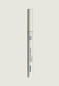 Flüssiger farbiger Eyeliner in Schwarz, mit einem weißen zylindrischen Tubus und blauer Beschriftung. Schickes Design, ideal für präzise Anwendung.