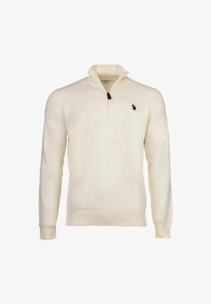 Crème-kleurige pullover sweater met een kwart-rits kraag, ribgebreide manchetten en zoom, met een klein zwart logo op de linkerkant van de borst.