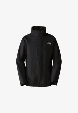 Musta vedenpitävä North Face -takki, jossa korkea kaulus, edessä vetoketju ja logo vasemmalla rinnalla sekä hihansuun säädöt.