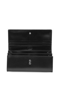 Black leather wallet with a smooth texture, featuring multiple card slots, a snap closure, and embossed branding inside.