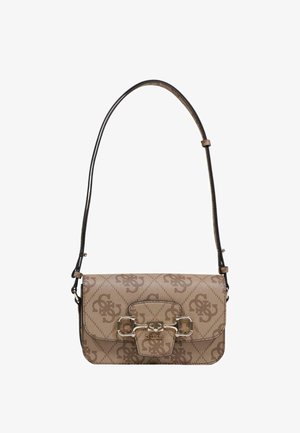 Borsa a spalla Guess marrone con stampa del logo a motivo, dettaglio fibbia argento e tracolla regolabile.