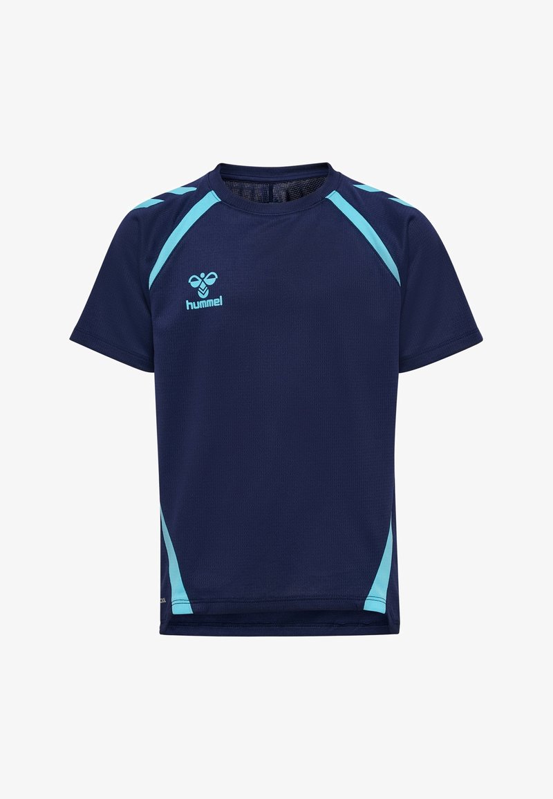 Marineblaues Sport-T-Shirt mit hellblauen Akzenten auf den Schultern, aus feuchtigkeitsableitendem Stoff, mit Rundhalsausschnitt und kurzen Ärmeln.