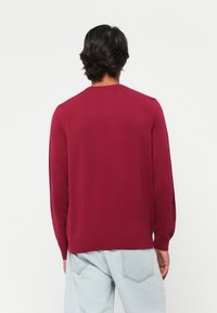 Sweater pullover bordô com mangas compridas, decote redondo e bainha canelada. Feito de um tecido de malha suave, exibindo um design limpo nas costas.