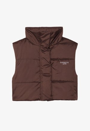 Pruun polsterdatud ilma varrukateta vest kõrge kaelusega, millel on külje peal luku ees ja õmmeldud logo detail. Sile, läikiv tekstuur.