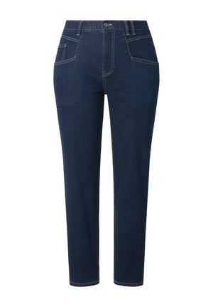 Dunkelblaue Jeans mit geradem Bein, ausgestattet mit vier Taschen, einem Knopfverschluss und Kontrastnähten. Glatte Textur.