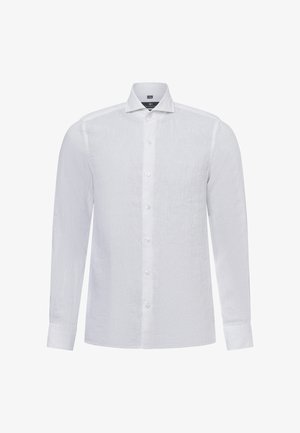 White long-sleeve shirt made of lightweight fabric with a textured finish, featuring a classic collar and six buttons down the front.