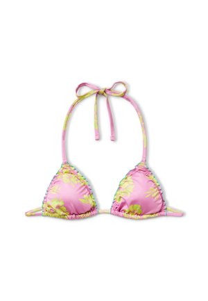 Růžový bikini top s trojúhelníkovými košíčky, květinový vzor v zelené barvě, nastavitelné zavazování na krku a zádech, volánkové okraje, vyrobeno z lehkého materiálu.