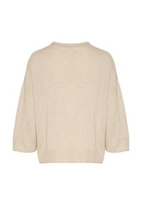 Beige, rövid ujjas, bő szabású pulóver, kerek nyakkal és puha, texturált anyagból. Egyszerű dizájn, nincs látható záródás vagy minta.