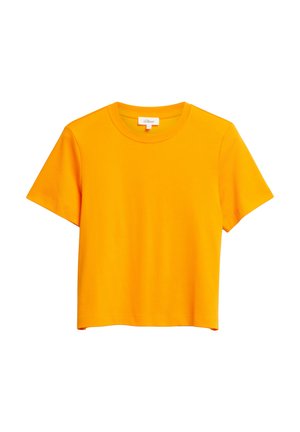 Jaskrawy pomarańczowy krótki T-shirt z krótkim rękawem i okrągłym dekoltem, przedstawiony na białym tle.