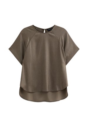 Short-sleeve top in a muted bronze hue, featuring a curved hem and textured fabric with a subtle shine. Keyhole back detail adds interest.