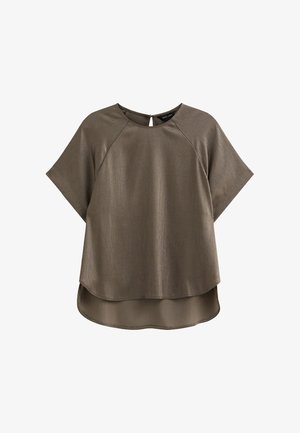 Top a maniche corte in una tonalità bronzo attenuata, con orlo curvo e tessuto testurizzato con una leggera lucentezza. Dettaglio a chiave sul retro che aggiunge interesse.