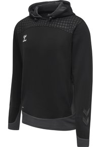 Schwarzer Kapuzen-Sportpullover mit gepunktetem Muster auf den Schultern, seitlichen Reißverschlusstaschen sowie grauen, strukturierten Bündchen und Saum.