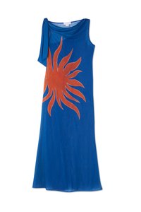 Abito blu con design a una spalla, caratterizzato da una grande grafica del sole arancione. Realizzato in un tessuto morbido con una superficie liscia.