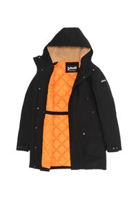 Veste extérieure noire avec une doublure matelassée orange, dotée d'une capuche, de boutons-pression et de deux poches frontales. Comprend un col intérieur en polaire.