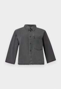 Gray denim shirt with a button-up front, point collar, and a single chest pocket. Features long sleeves and a relaxed fit.
